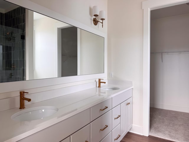 full bathroom with double vanity, a spacious closet, a tile shower, and a sink