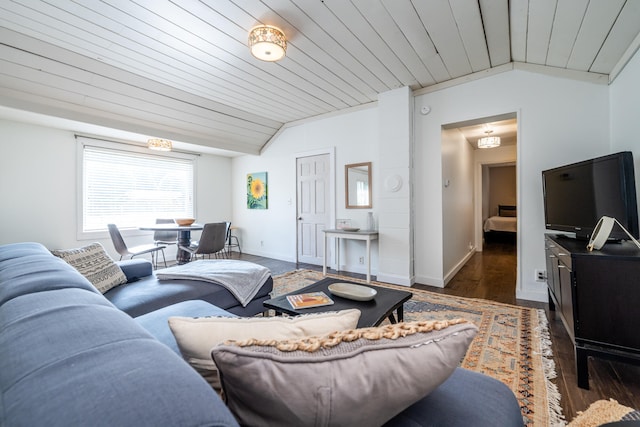 living room featuring wood ceiling, dark wood-type flooring, and lofted ceiling