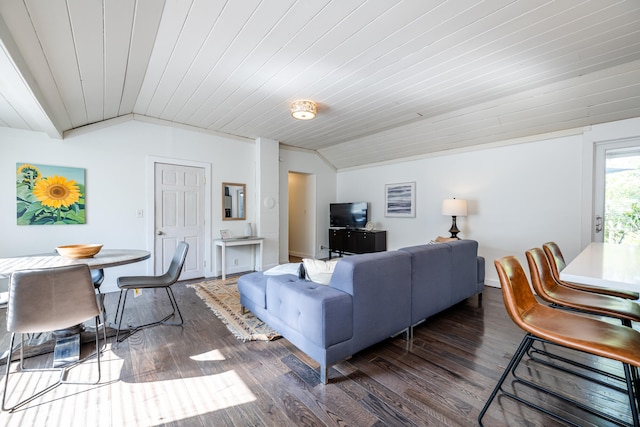 living room with hardwood / wood-style floors, vaulted ceiling, and wood ceiling