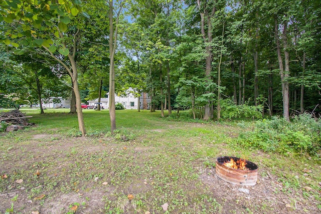 view of yard with a fire pit