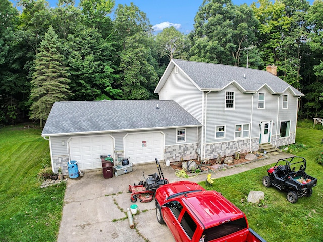 view of front of house featuring a garage, stone siding, a shingled roof, and entry steps