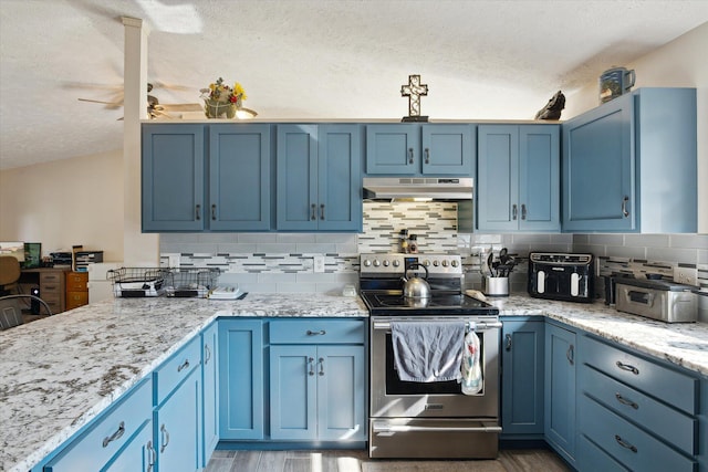 kitchen with stainless steel range with electric stovetop, a textured ceiling, and blue cabinetry