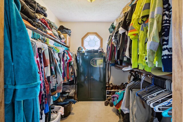 walk in closet featuring carpet flooring