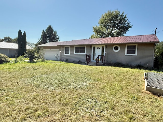 single story home featuring a front yard and a garage