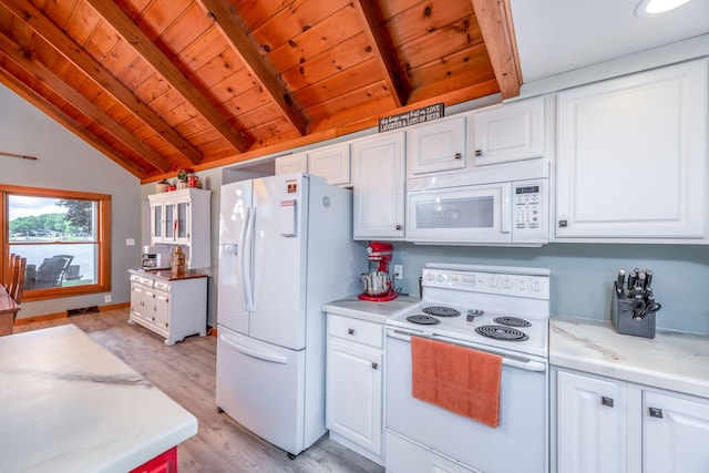 kitchen with lofted ceiling with beams, white appliances, light hardwood / wood-style flooring, and wood ceiling