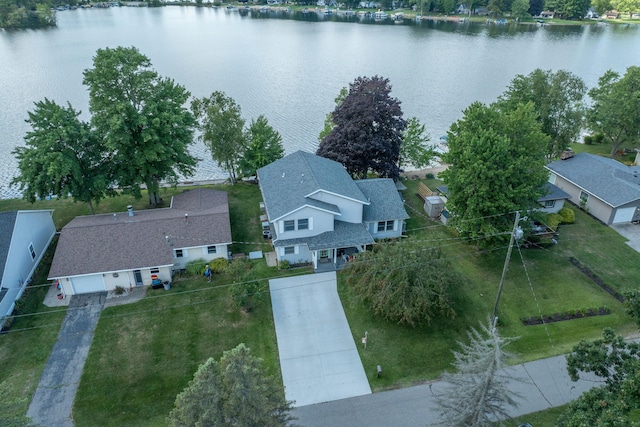 aerial view featuring a water view