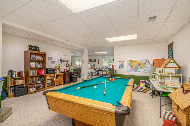 game room with billiards, carpet floors, and a drop ceiling