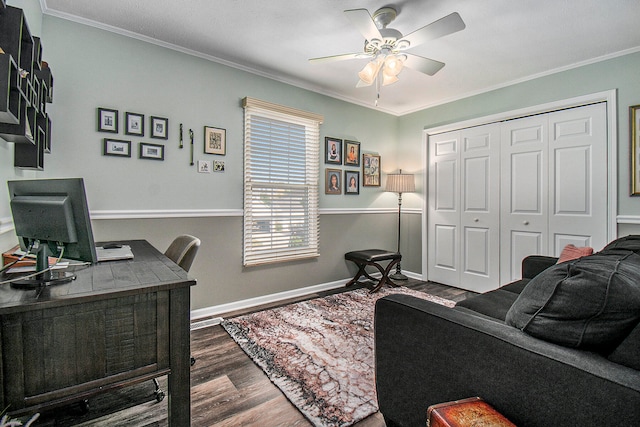 office with ceiling fan, dark hardwood / wood-style floors, and ornamental molding