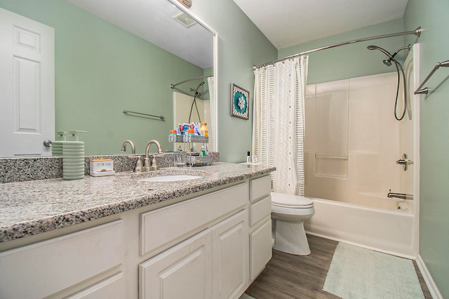 full bathroom with vanity, toilet, hardwood / wood-style floors, and shower / bathtub combination with curtain