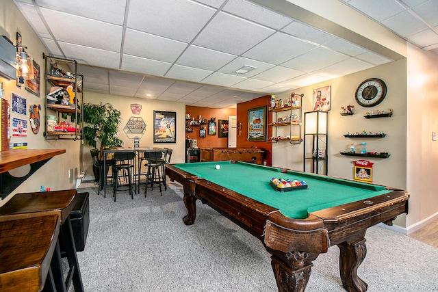 playroom featuring billiards, carpet, and a drop ceiling