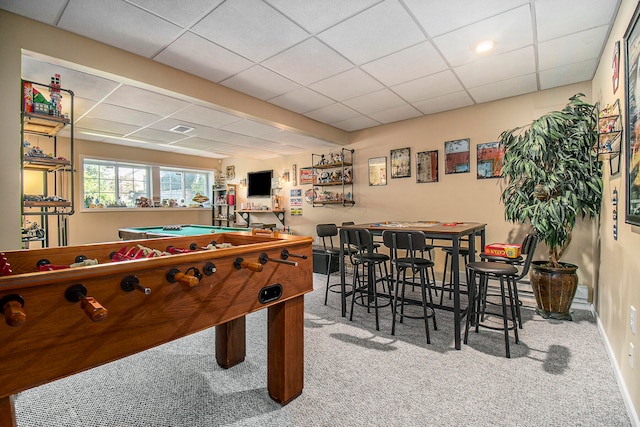 playroom with a drop ceiling, bar, pool table, and carpet flooring