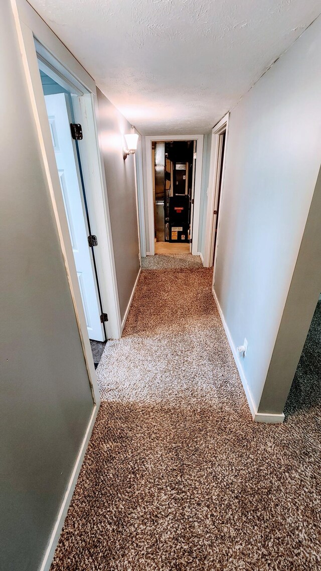 hall featuring a textured ceiling and carpet flooring