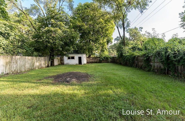 view of yard featuring a fenced backyard, a storage unit, and an outbuilding
