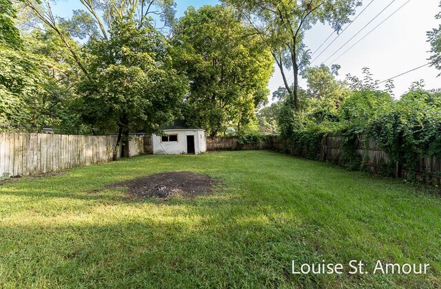 view of yard with a shed, an outdoor structure, and a fenced backyard