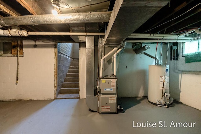 basement with water heater, heating unit, and stairs