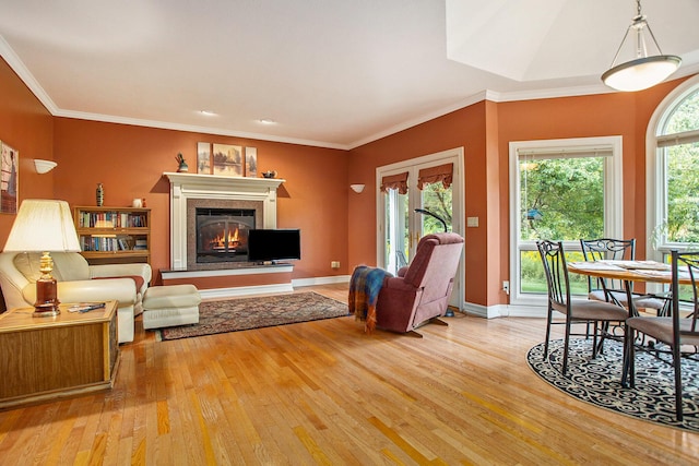 living area with a glass covered fireplace, crown molding, light wood-style flooring, and baseboards