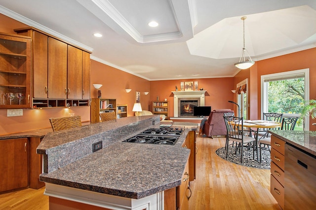 kitchen featuring brown cabinets, black gas cooktop, crown molding, open shelves, and stainless steel dishwasher