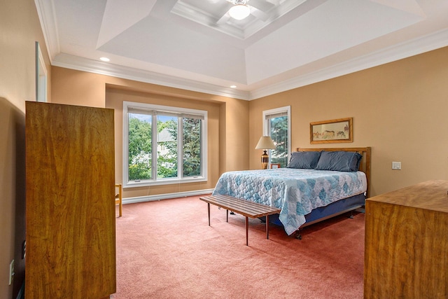 bedroom with crown molding, a ceiling fan, carpet flooring, and recessed lighting