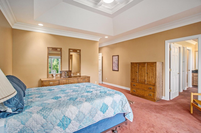 bedroom with carpet, a tray ceiling, recessed lighting, ornamental molding, and baseboards