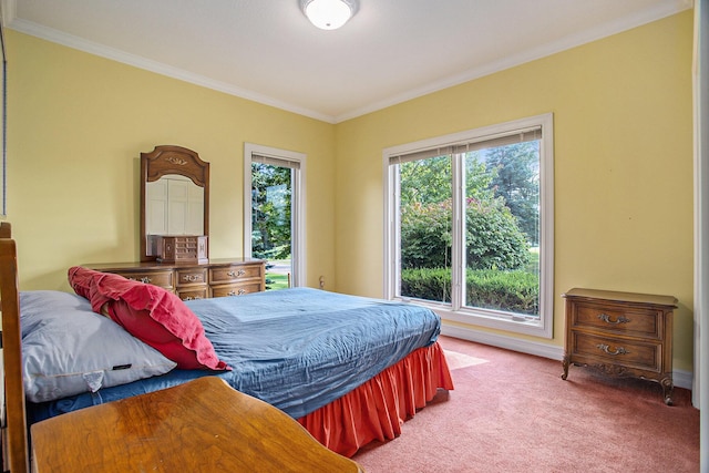 bedroom with carpet flooring, crown molding, and multiple windows