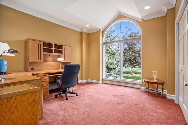 home office with light carpet, crown molding, vaulted ceiling, and a healthy amount of sunlight