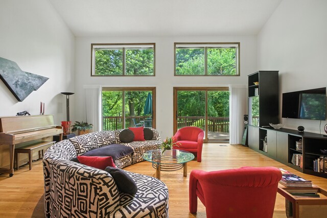 6710 Curtis Rd, Plymouth, MI 48170 - living room featuring high vaulted ceiling, plenty of natural light, and wood finished floors