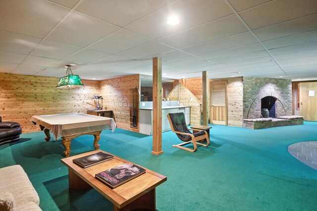 6710 Curtis Rd, Plymouth, MI 48170 - game room with carpet, a paneled ceiling, wood walls, and pool table