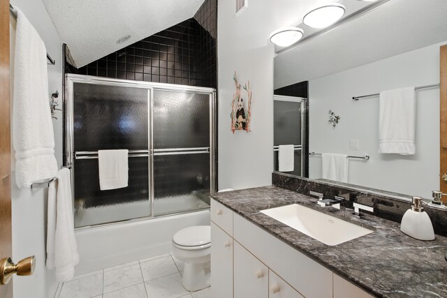 6710 Curtis Rd, Plymouth, MI 48170 - bathroom with vanity, marble look tile flooring, enclosed tub / shower combo, and vaulted ceiling
