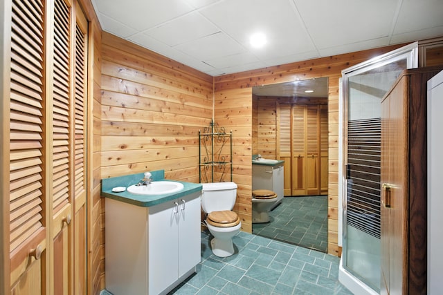 6710 Curtis Rd, Plymouth, MI 48170 - full bathroom featuring a closet, wood walls, vanity, and a shower stall