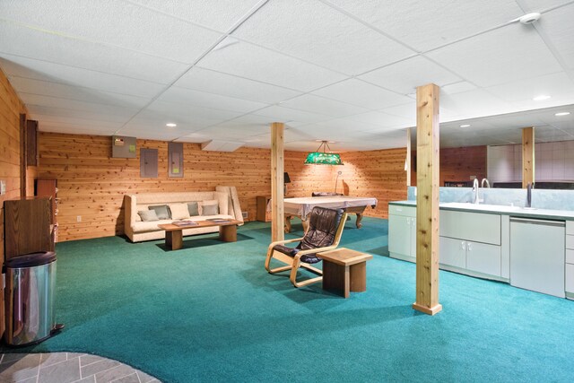 6710 Curtis Rd, Plymouth, MI 48170 - rec room featuring carpet flooring, wooden walls, electric panel, a drop ceiling, and recessed lighting