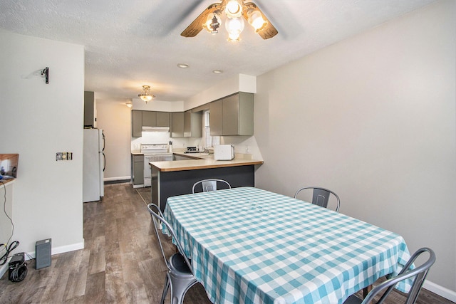 dining area with dark hardwood / wood-style flooring, sink, and ceiling fan