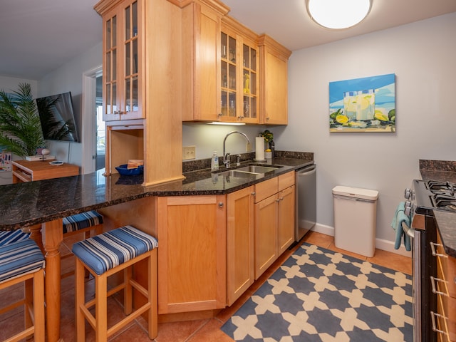 kitchen with a kitchen breakfast bar, light tile patterned floors, stainless steel appliances, sink, and dark stone counters