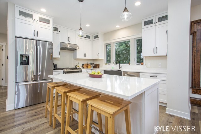 kitchen featuring light wood-style flooring, under cabinet range hood, stainless steel appliances, a sink, and a center island