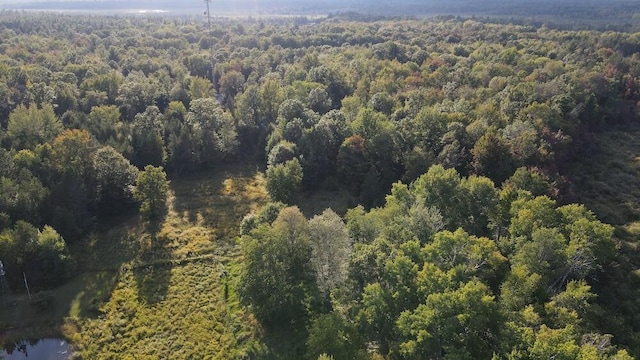 aerial view with a wooded view and a water view