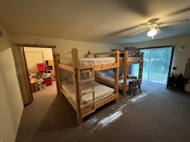 bedroom featuring ceiling fan, carpet flooring, and access to outside