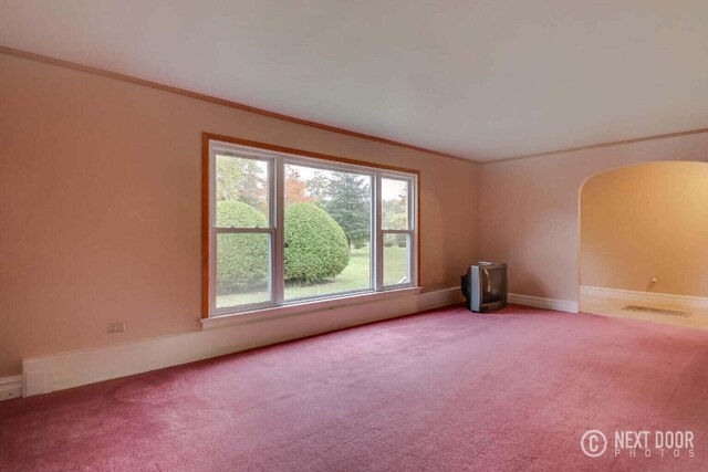 carpeted spare room with crown molding