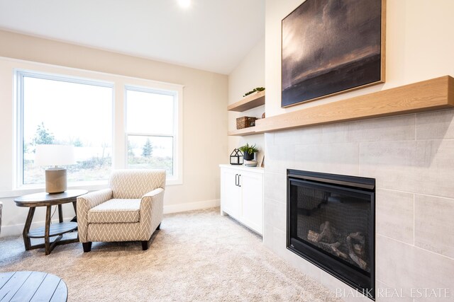 living room with a fireplace and light carpet