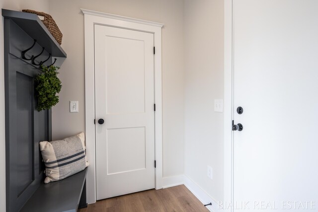 mudroom with light hardwood / wood-style floors