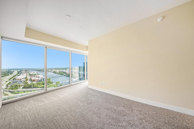 empty room with a water view, baseboards, and carpet floors