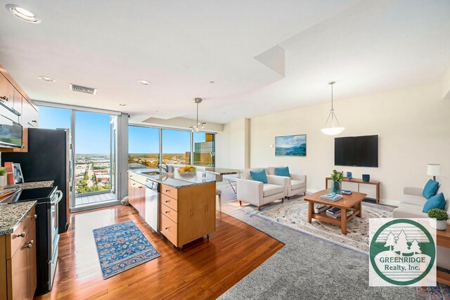 kitchen with appliances with stainless steel finishes, light hardwood / wood-style flooring, decorative light fixtures, and an island with sink