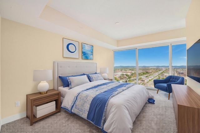 bedroom featuring a tray ceiling, light colored carpet, and baseboards