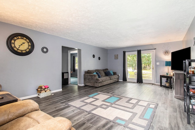 living room with wood-type flooring and a textured ceiling