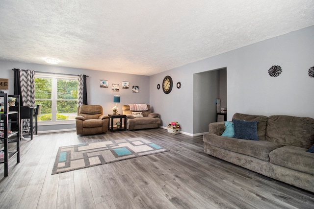 living room with a textured ceiling and wood-type flooring