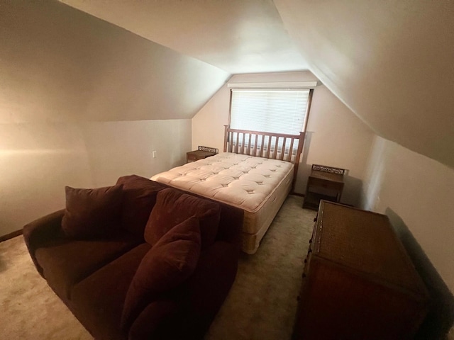 bedroom featuring carpet and vaulted ceiling