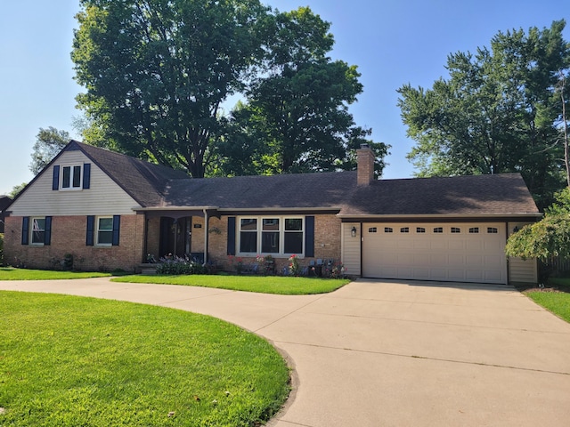 ranch-style home with driveway, an attached garage, a chimney, a front lawn, and brick siding