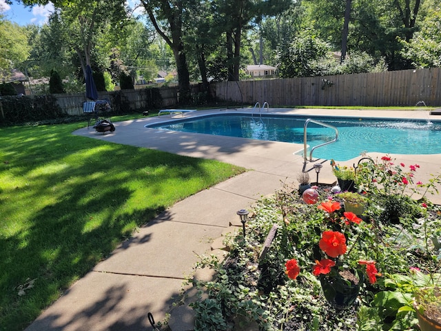 view of swimming pool featuring a yard, a diving board, and a patio