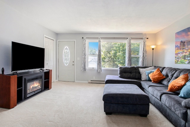 carpeted living room featuring a baseboard heating unit