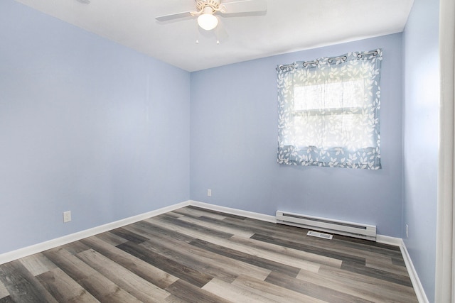 spare room featuring hardwood / wood-style flooring, a baseboard radiator, and ceiling fan