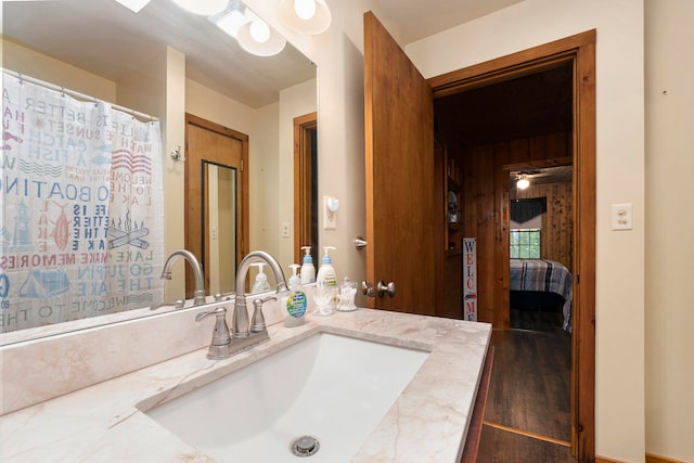 bathroom with vanity and hardwood / wood-style flooring