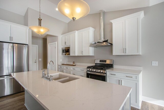 kitchen with stainless steel appliances, dark hardwood / wood-style floors, decorative light fixtures, and sink